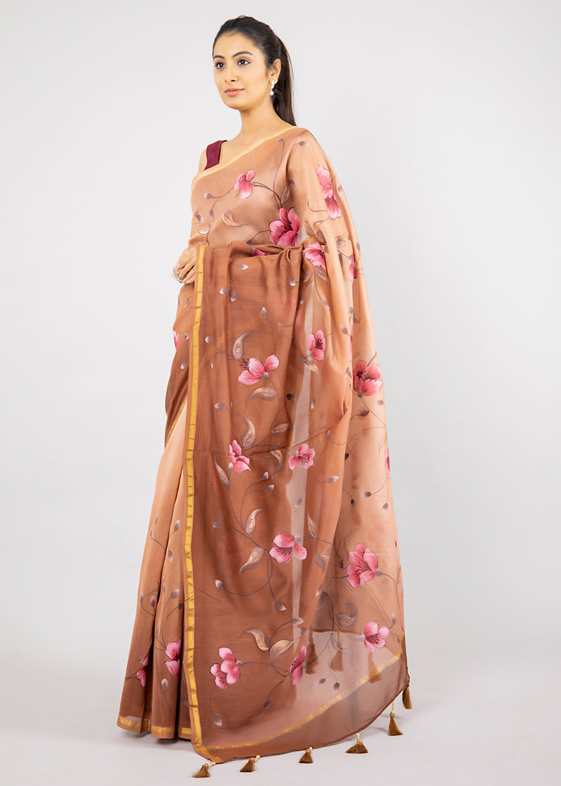 Hand-painted Ombre Brown Chanderi Silk Saree