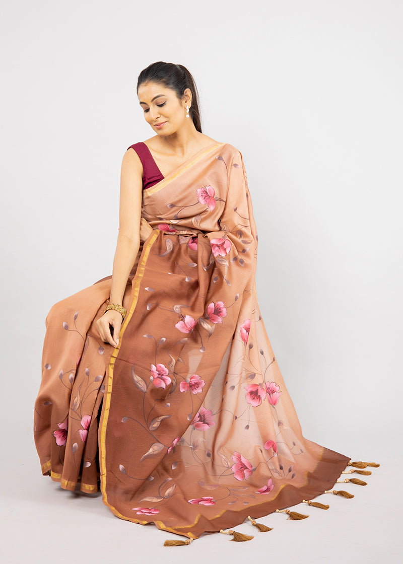 Hand-painted Ombre Brown Chanderi Silk Saree