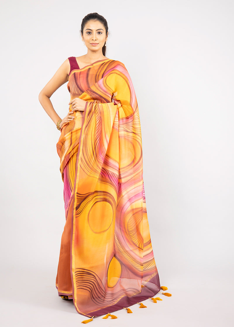 Hand-painted Multi-Coloured Abstract Chanderi Silk Saree