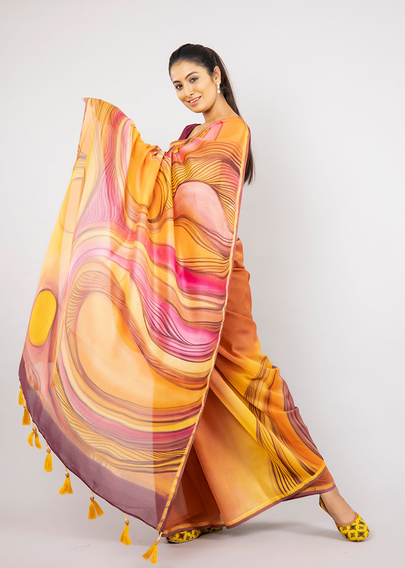 Hand-painted Multi-Coloured Abstract Chanderi Silk Saree