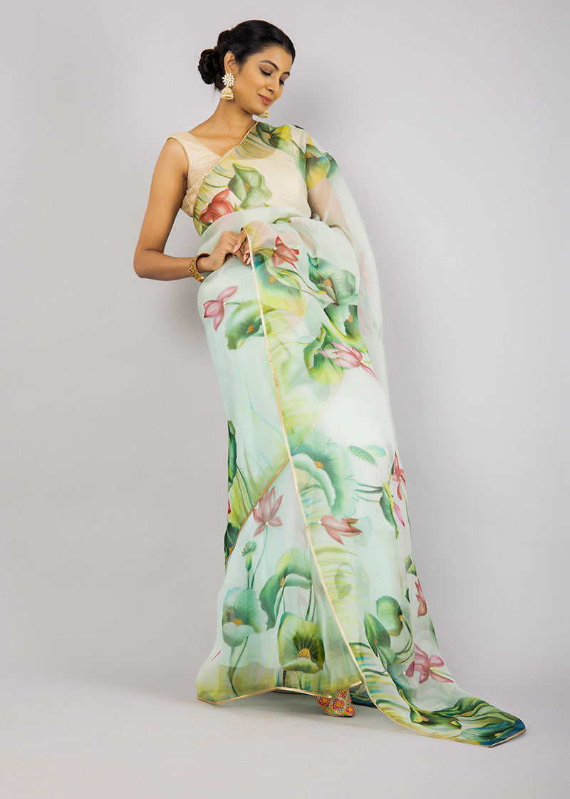 Hand-painted Pastel Green Lotus and Leaves Silk Organza Saree