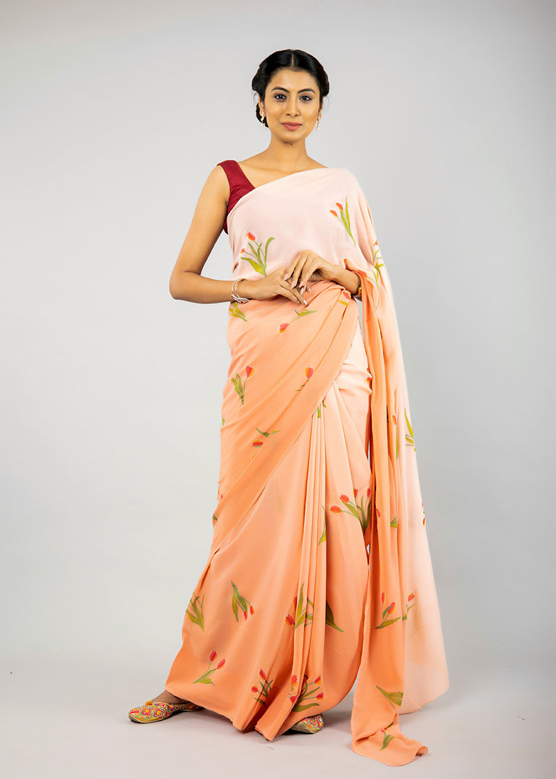 Hand-Painted Ombre Peach Pure Georgette Saree