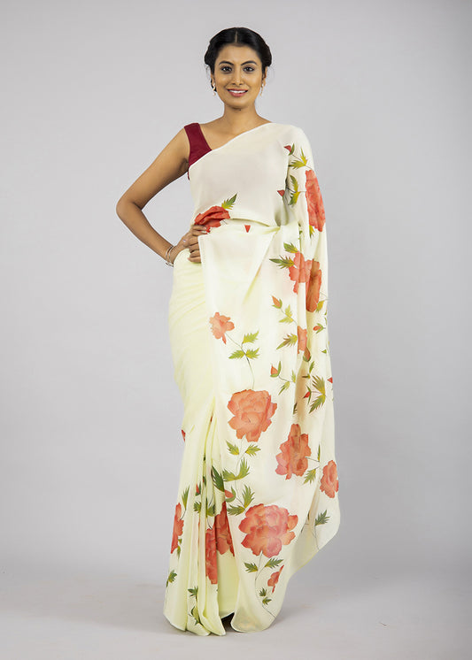 Hand-Painted Lime Green Viscose Georgette Saree