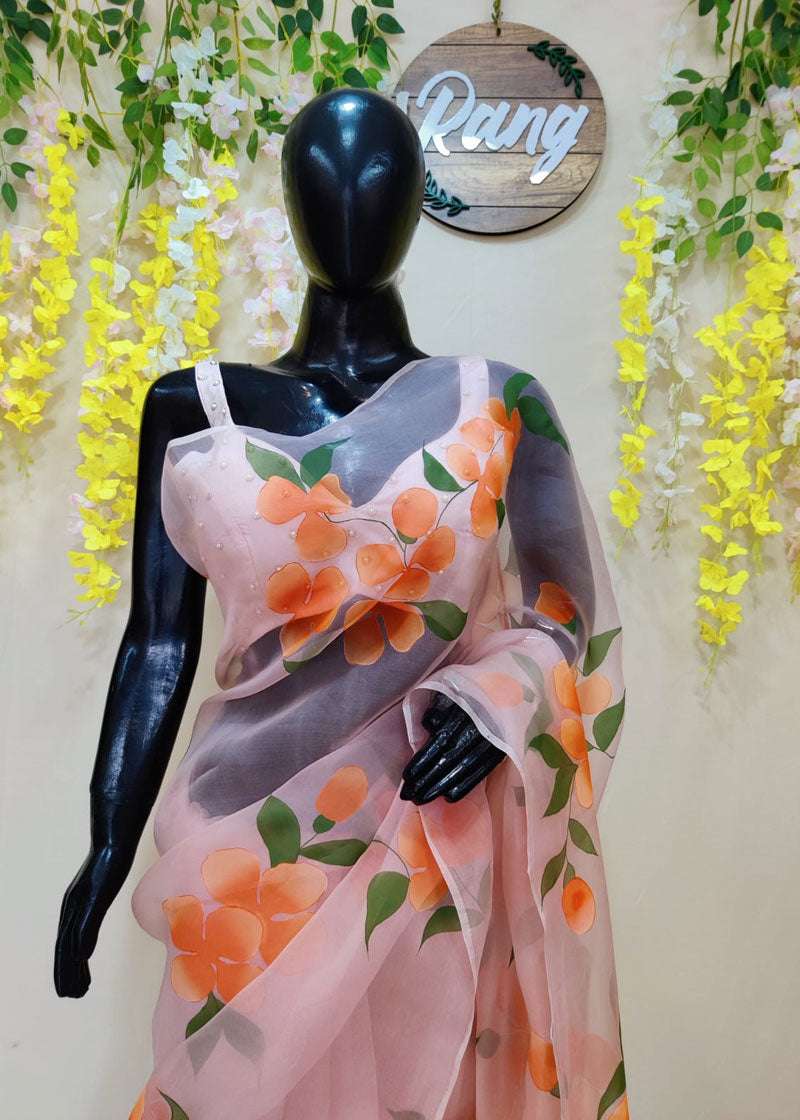 Hand-painted Peach Silk Organza Saree