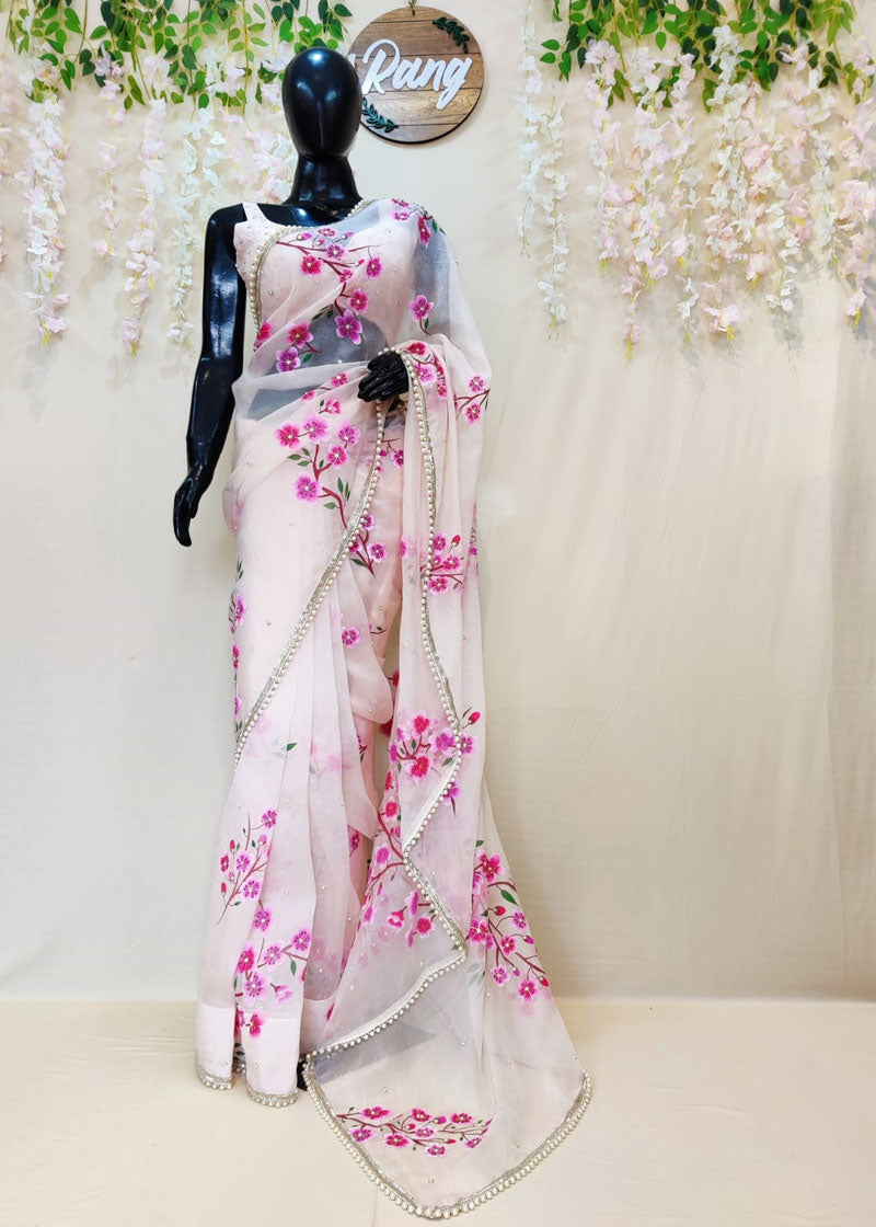 Hand-painted Powder Pink Cherry Blossom Silk Organza Saree