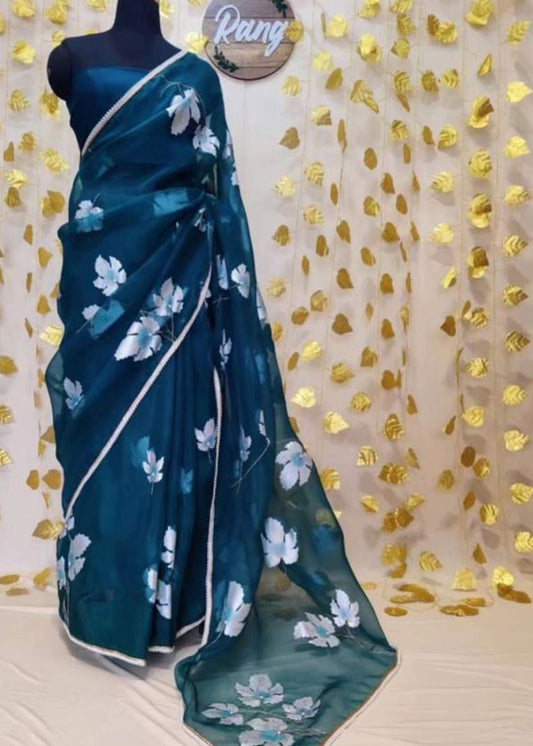 Hand-painted Teal Blue Maple Leaves Silk Organza Saree