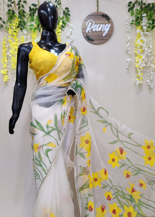 Hand-painted Ivory Daffodil Silk Organza Saree