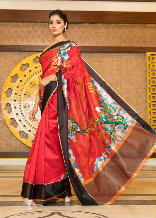 Hand-Painted Red and Black Handloom Sambalpuri Silk Saree