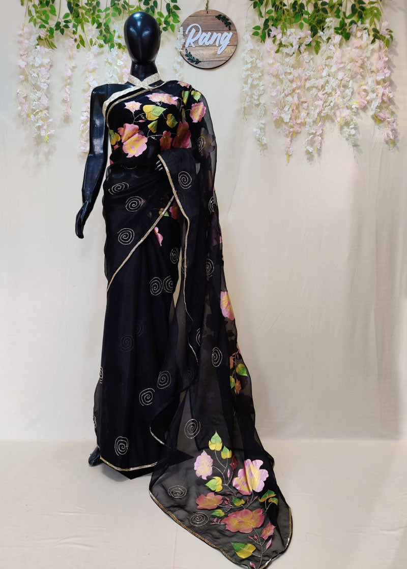 Hand-painted Black Golden Rose Silk Organza Saree