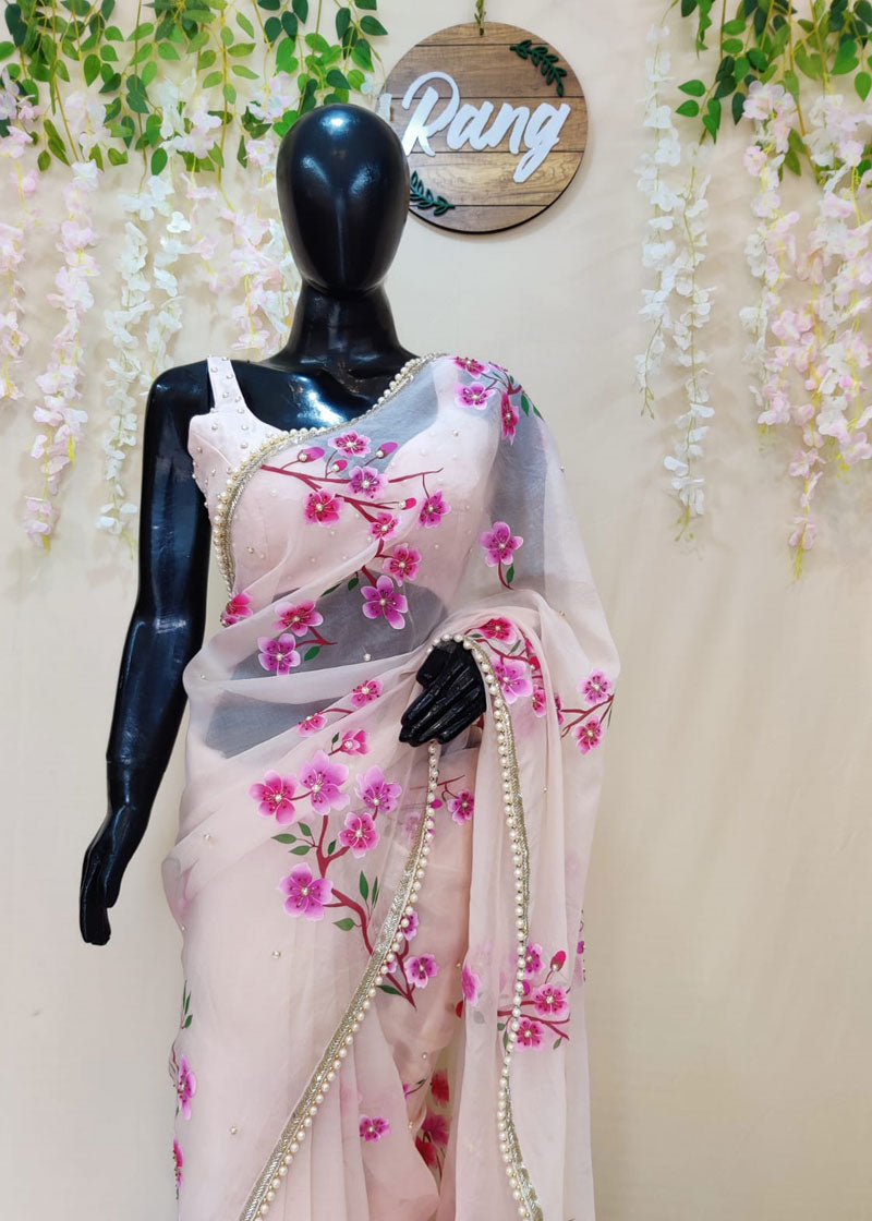 Hand-painted Powder Pink Cherry Blossom Silk Organza Saree