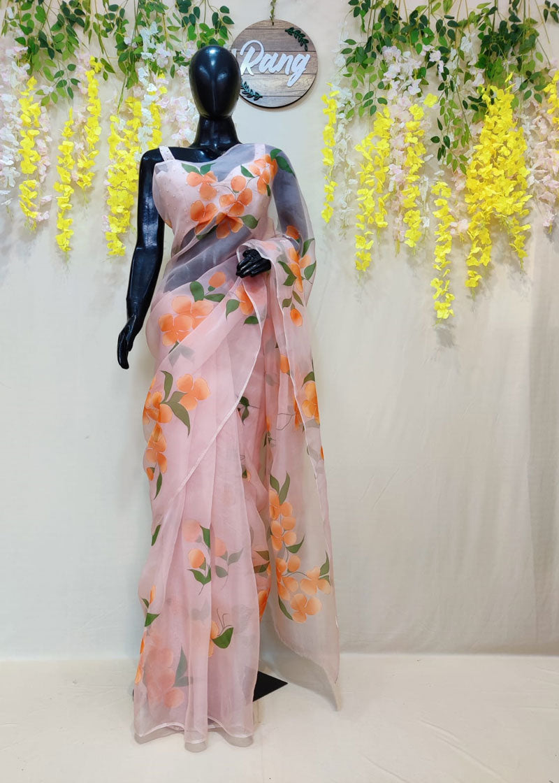 Hand-painted Peach Silk Organza Saree