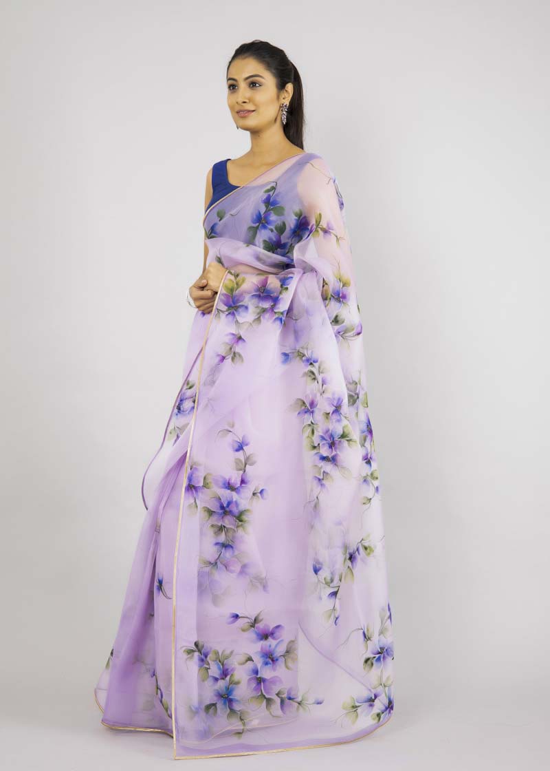 Hand-painted Lilac Silk Organza Saree