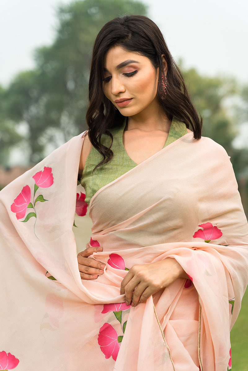 Hand-painted Peach Pure Chinon Chiffon Saree