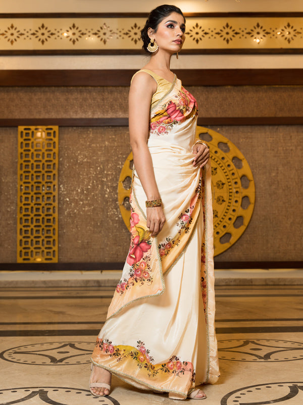 Hand-Painted Ivory Natural Crepe Saree