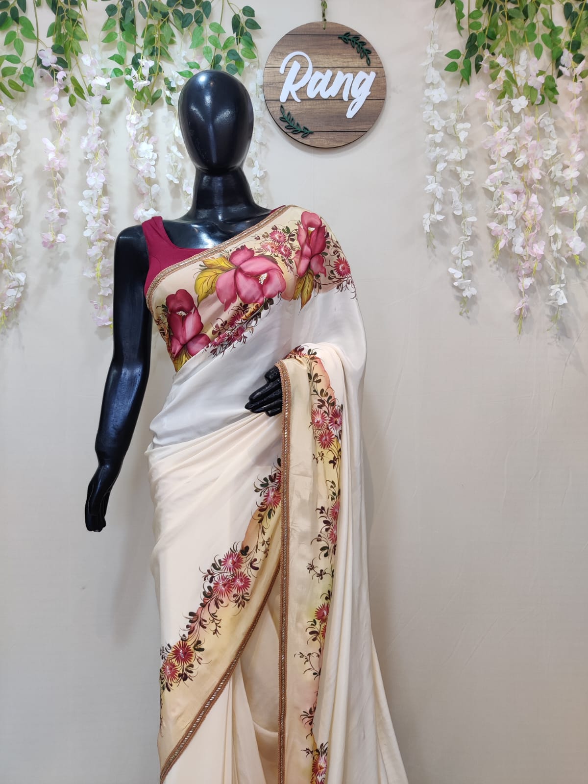 Hand-Painted Ivory Natural Crepe Saree