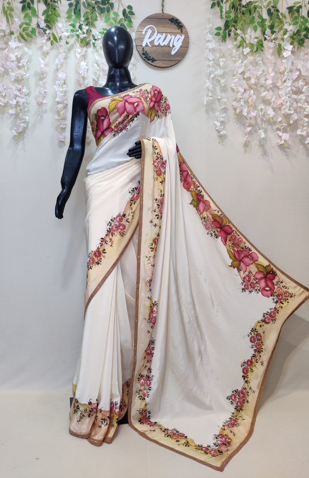 Hand-Painted Ivory Natural Crepe Saree