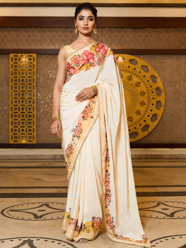 Hand-Painted Ivory Natural Crepe Saree