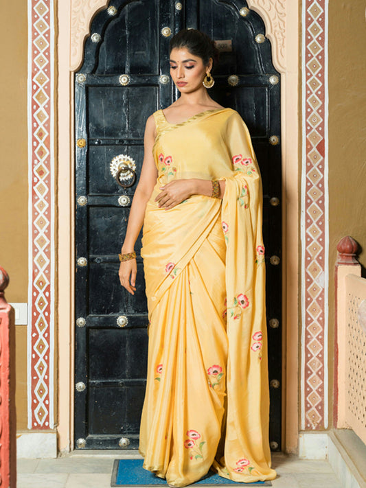 Hand-Painted Golden Yellow Pure Crepe Silk Saree
