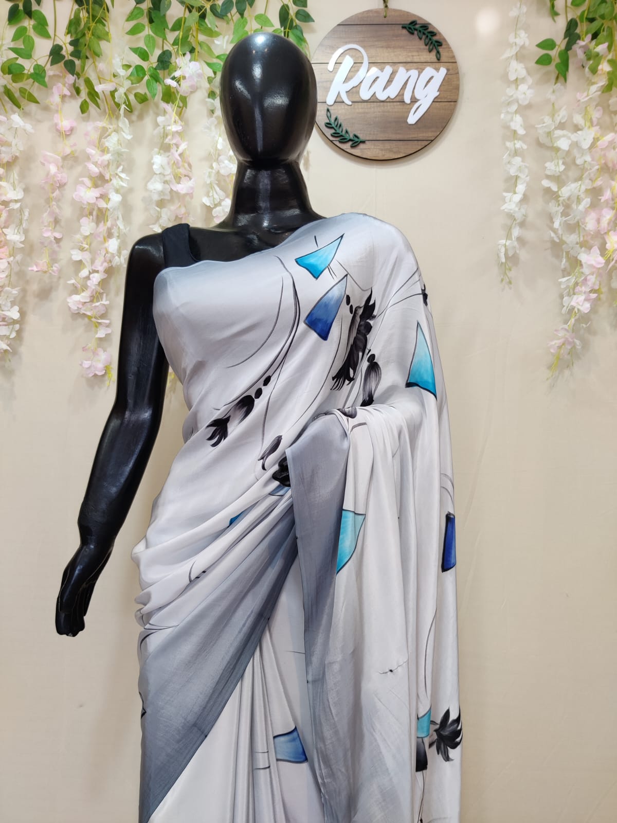 Hand-Painted Ombre Grey Natural Crepe Saree