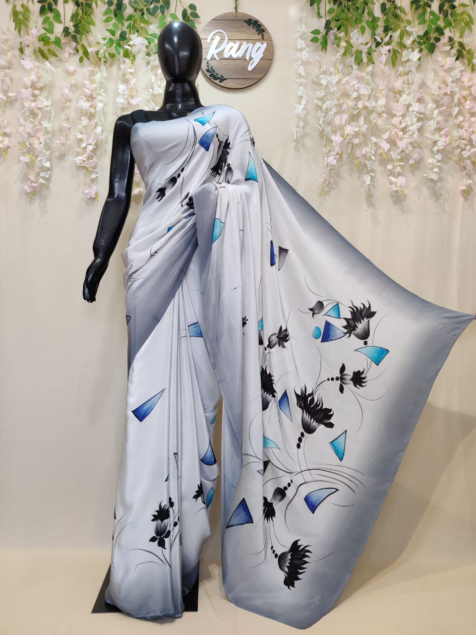 Hand-Painted Ombre Grey Natural Crepe Saree