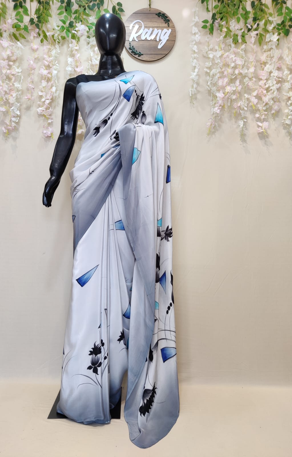 Hand-Painted Ombre Grey Natural Crepe Saree