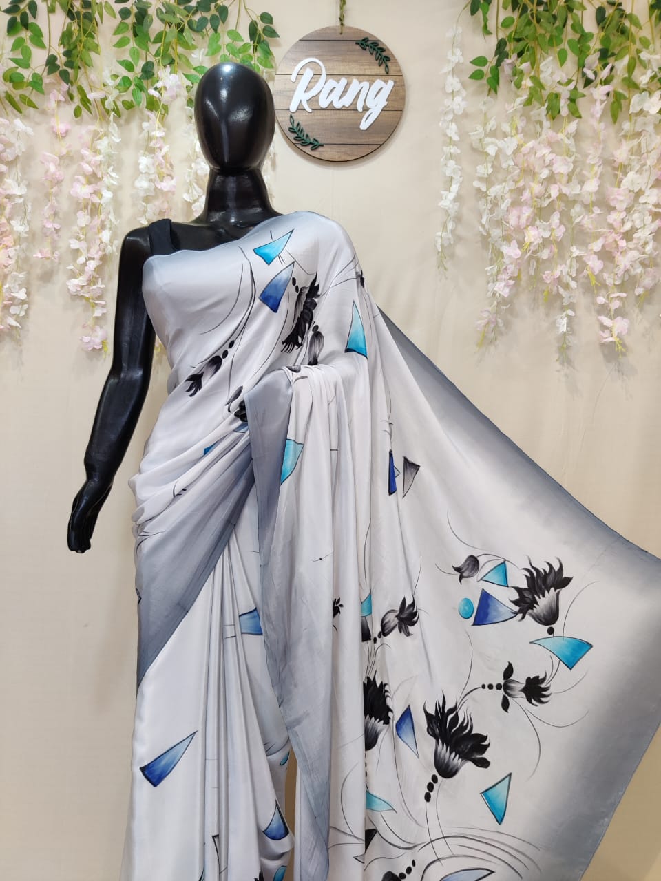 Hand-Painted Ombre Grey Natural Crepe Saree