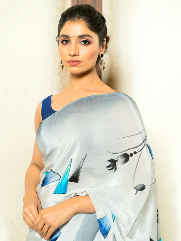 Hand-Painted Ombre Grey Natural Crepe Saree