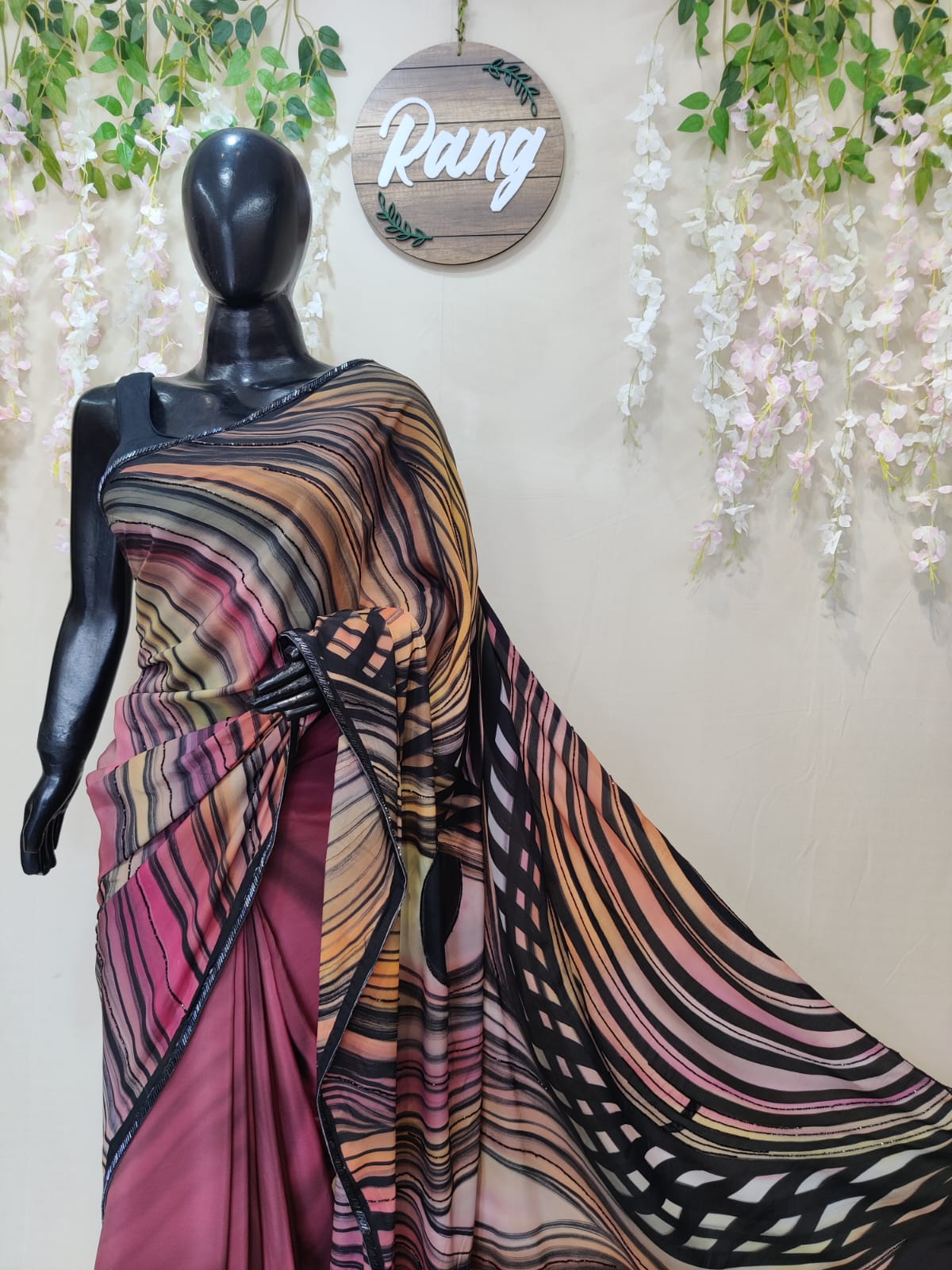 Hand-Painted Abstract Natural Crepe Saree