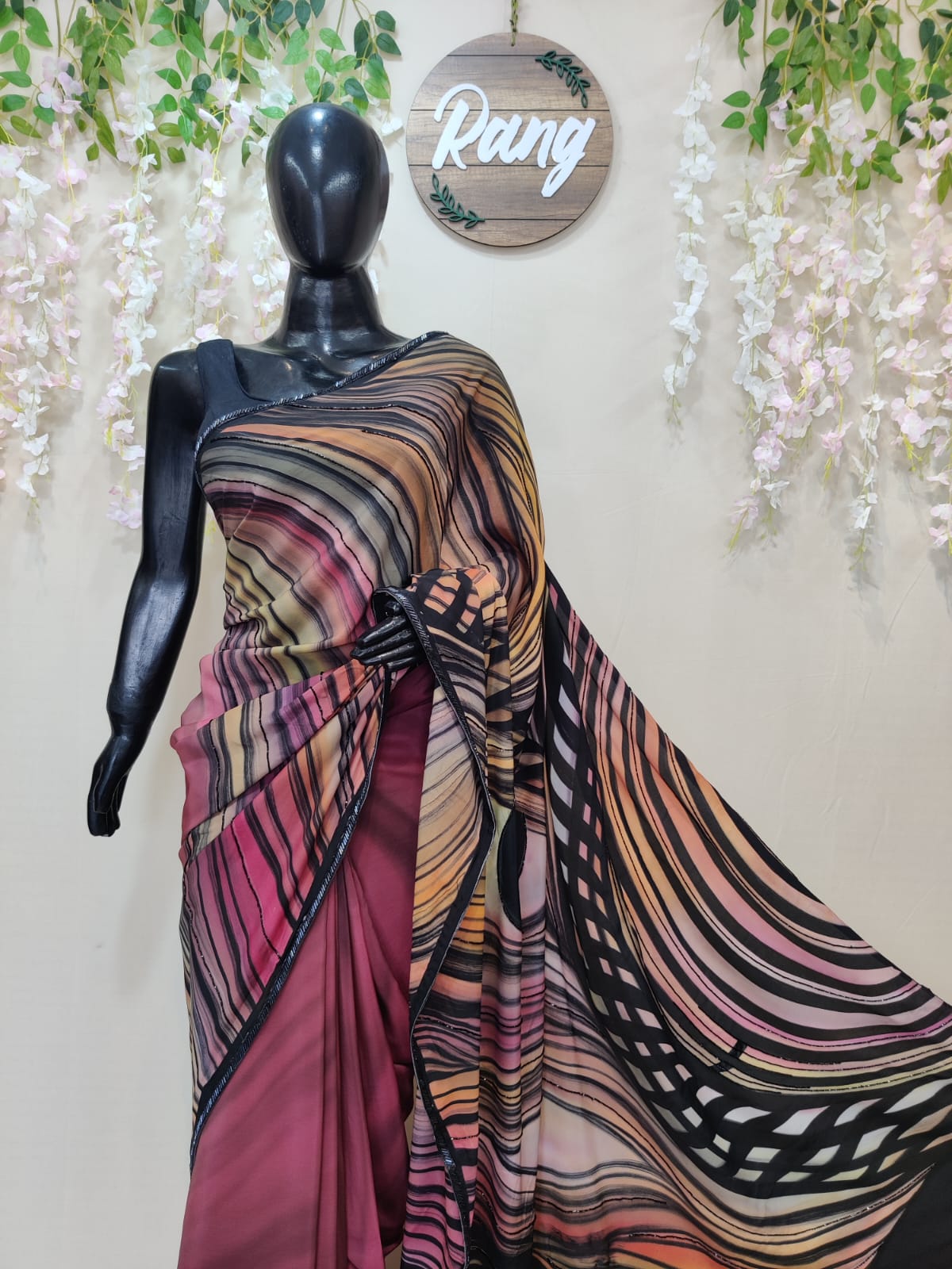 Hand-Painted Abstract Natural Crepe Saree