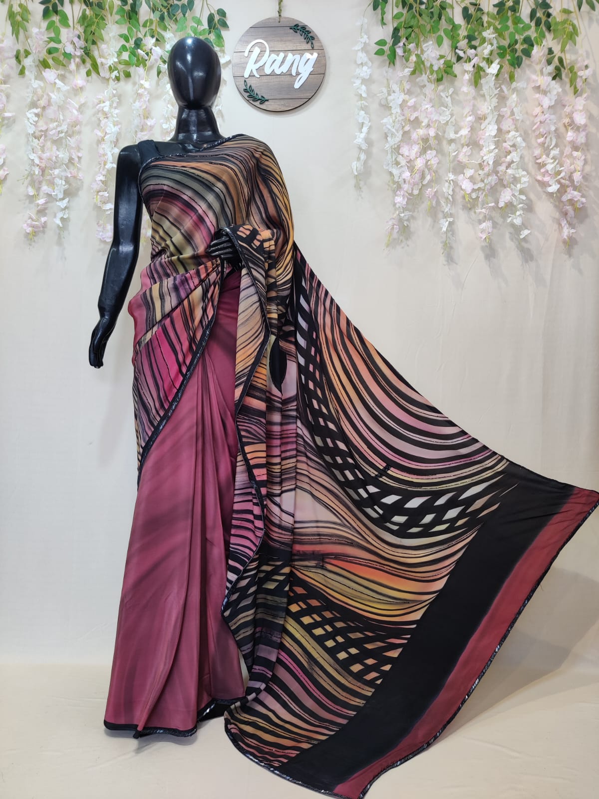 Hand-Painted Abstract Natural Crepe Saree