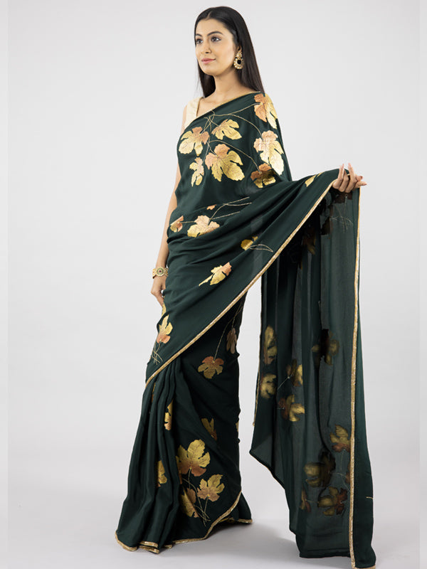 Hand-Painted Bottle Green Pure Crepe Silk Saree
