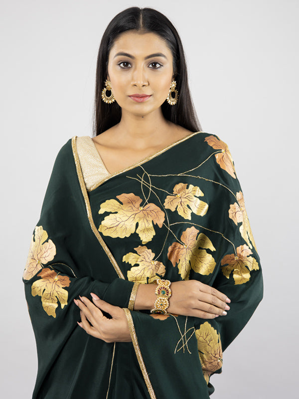 Hand-Painted Bottle Green Pure Crepe Silk Saree