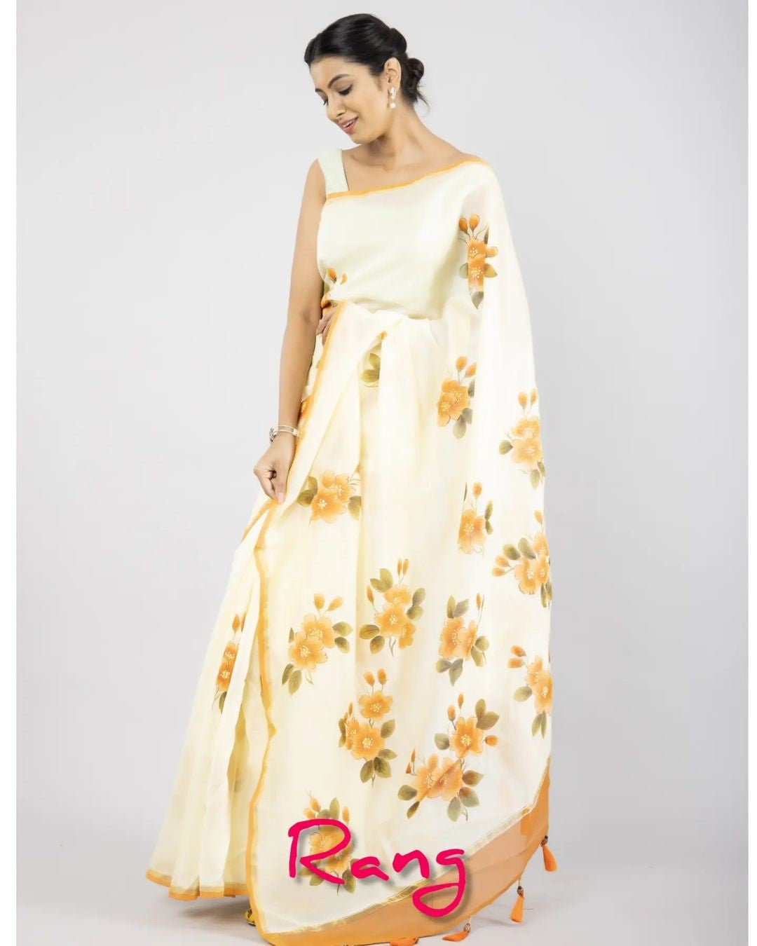 Hand-painted Lemon Yellow Mustard Flower Chanderi Silk Saree