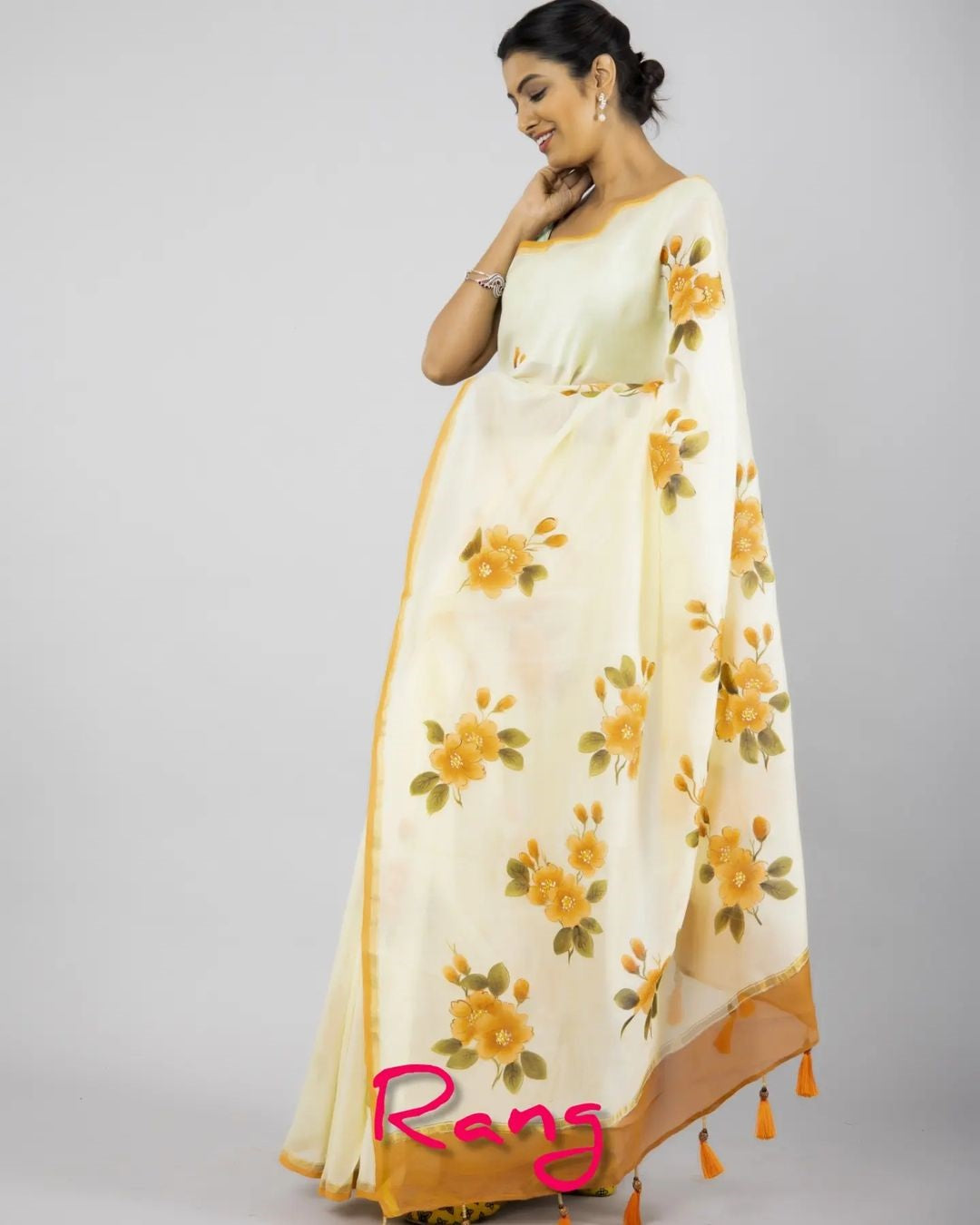 Hand-painted Lemon Yellow Mustard Flower Chanderi Silk Saree