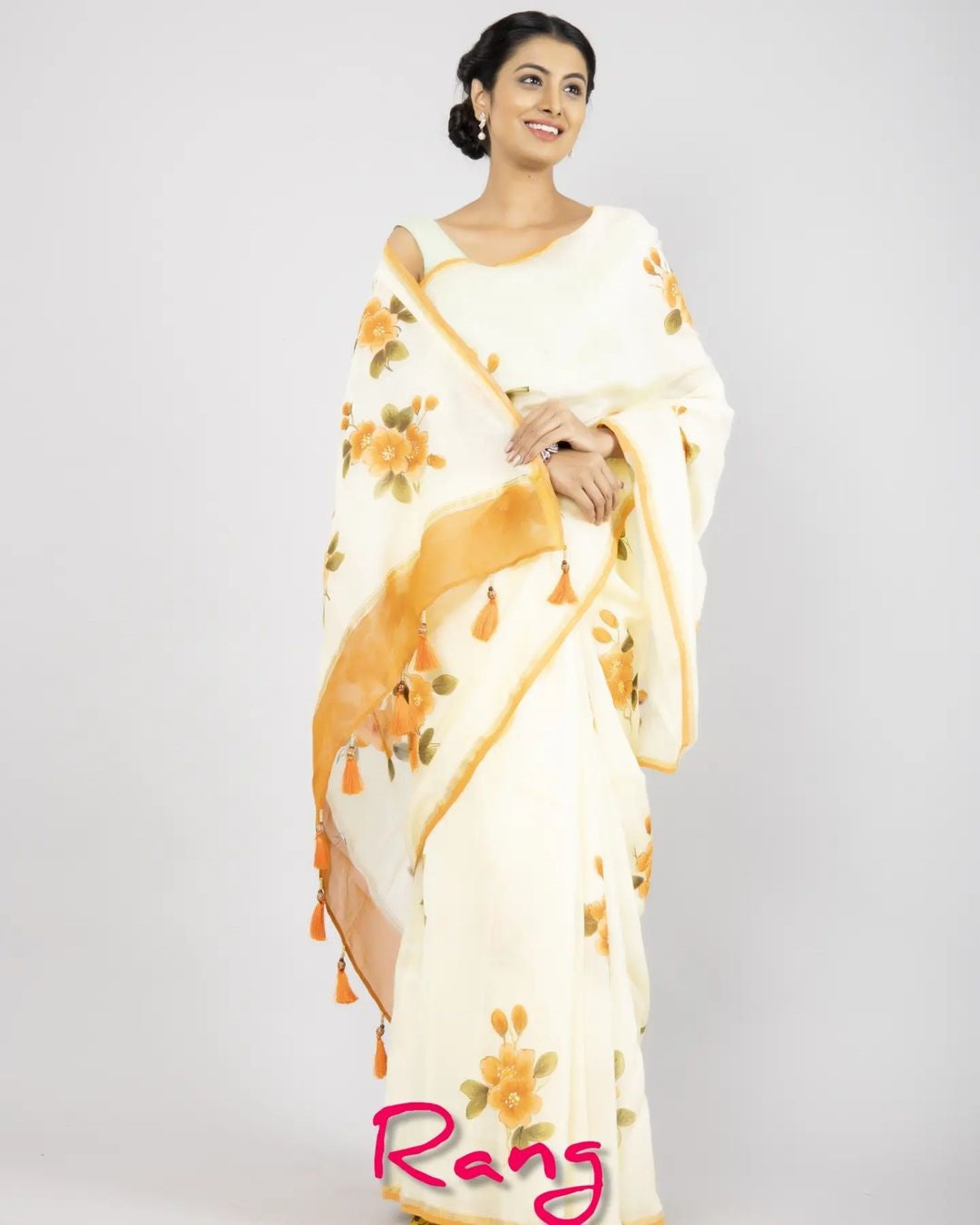 Hand-painted Lemon Yellow Mustard Flower Chanderi Silk Saree