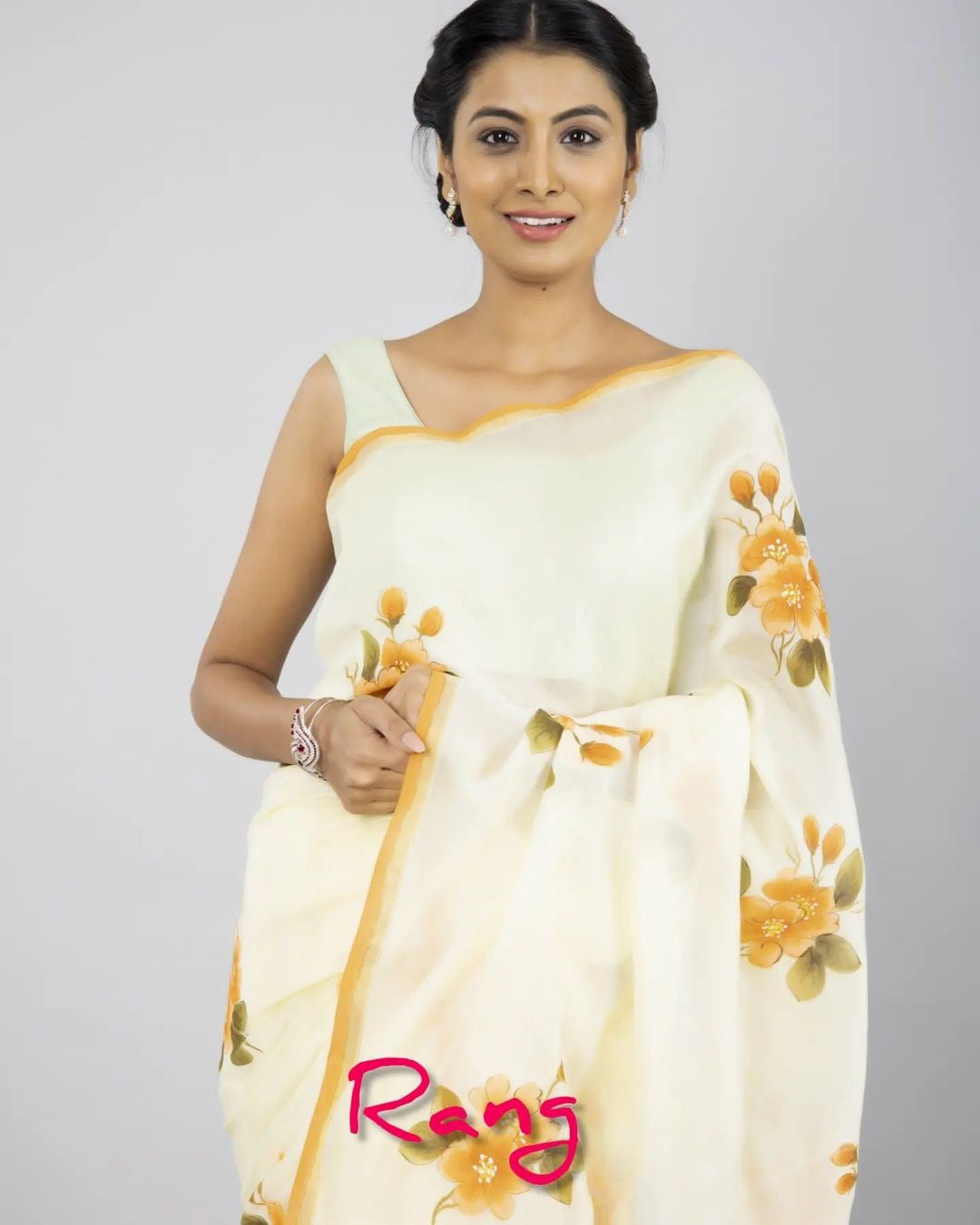 Hand-painted Lemon Yellow Mustard Flower Chanderi Silk Saree