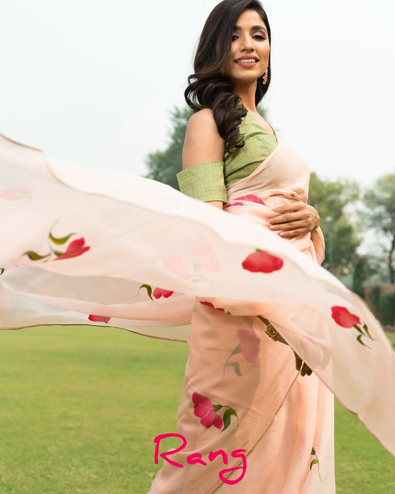 Hand-painted Peach Pure Chinon Chiffon Saree