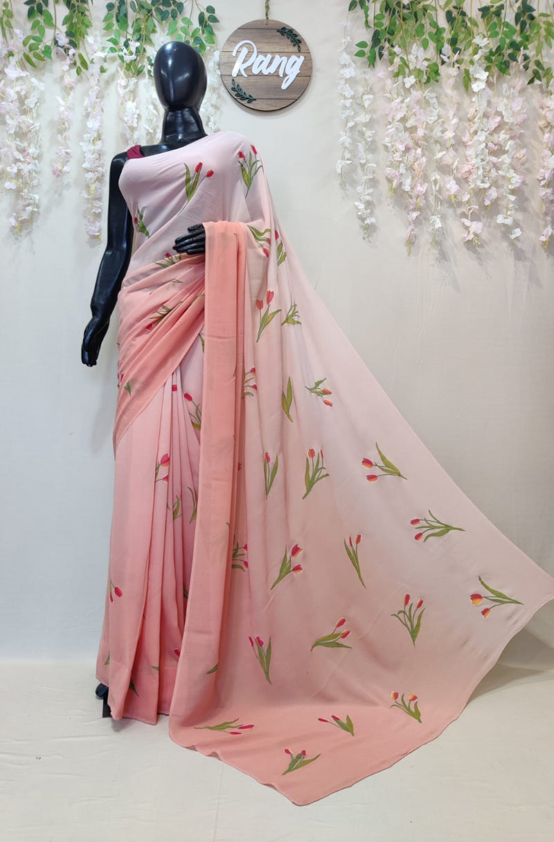 Hand-Painted Ombre Peach Pure Georgette Saree
