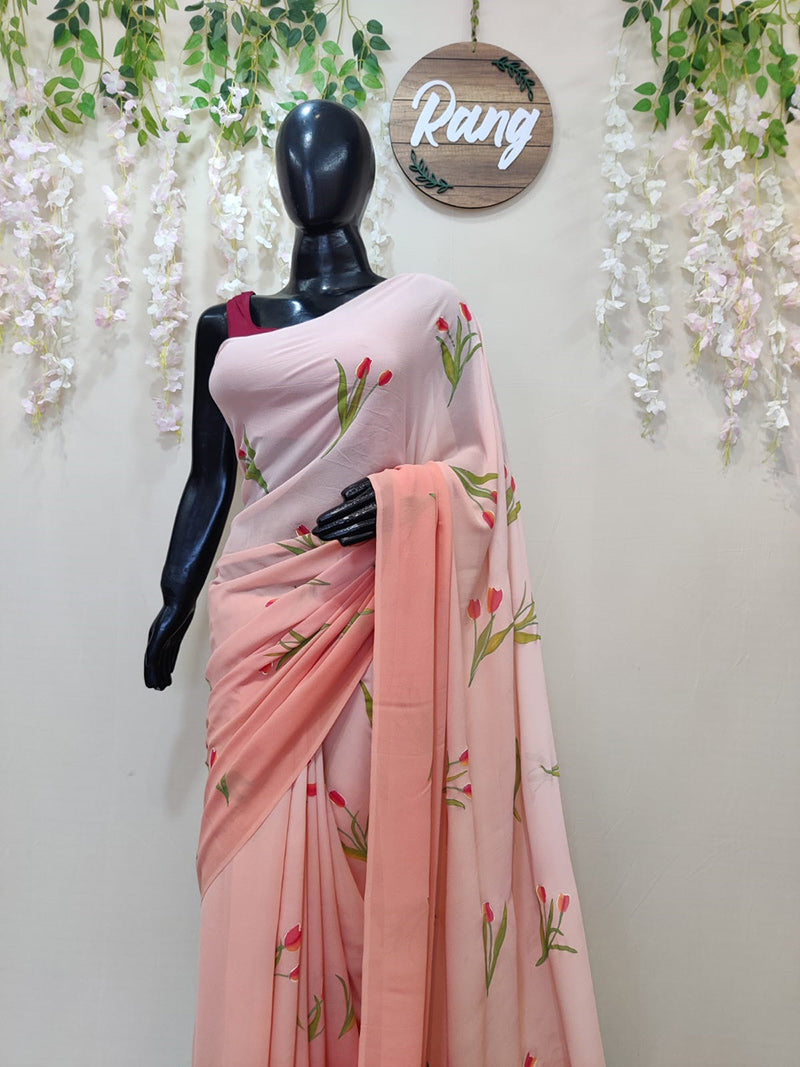 Hand-Painted Ombre Peach Pure Georgette Saree