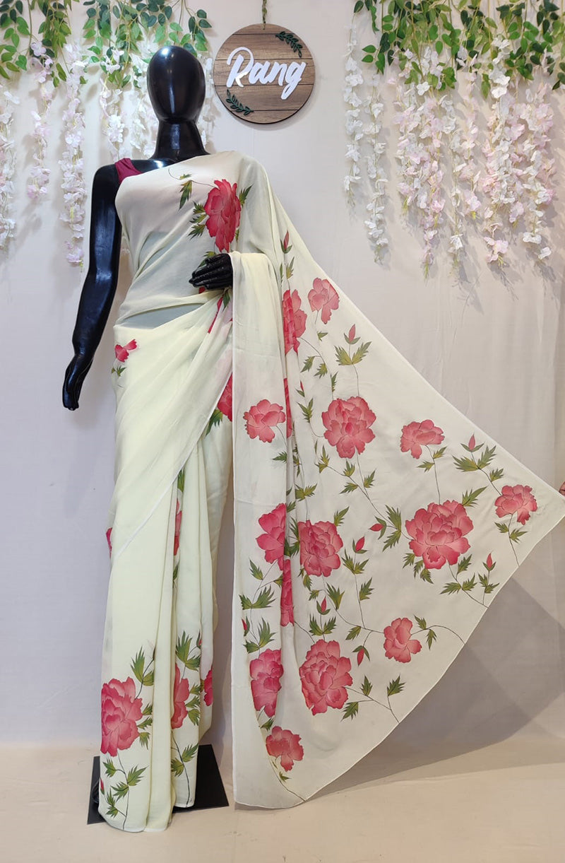 Hand-Painted Lime Green Viscose Georgette Saree