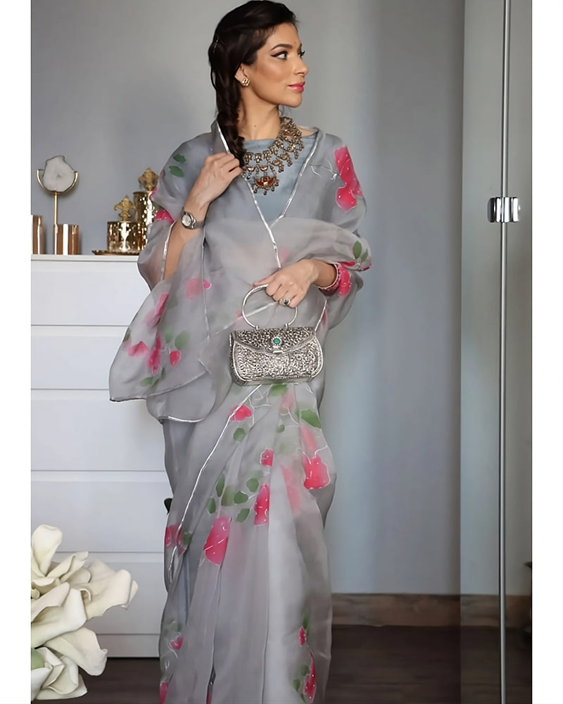 Hand-painted Pastel Grey Silk Organza Saree