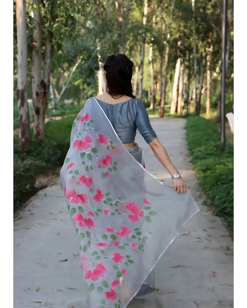 Hand-painted Pastel Grey Silk Organza Saree