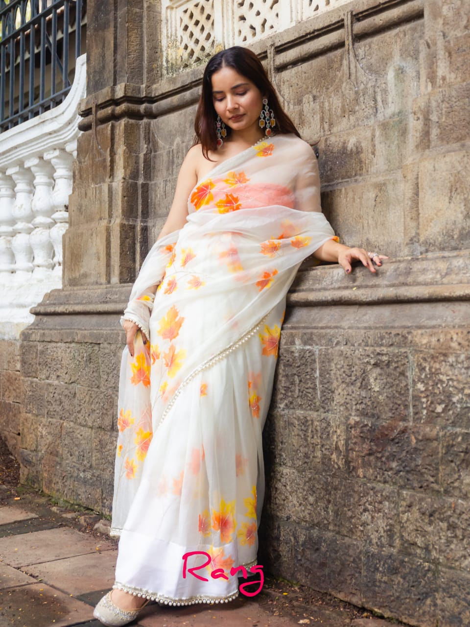 Hand-painted Ivory Maple Leaves Silk Organza Saree