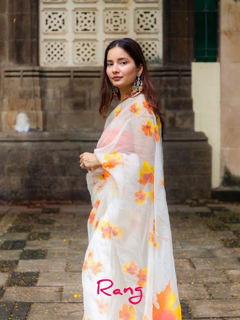 Hand-painted Ivory Maple Leaves Silk Organza Saree