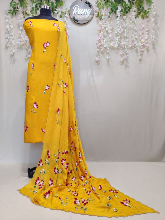 Deep Yellow Chanderi Silk Handpainted Suit