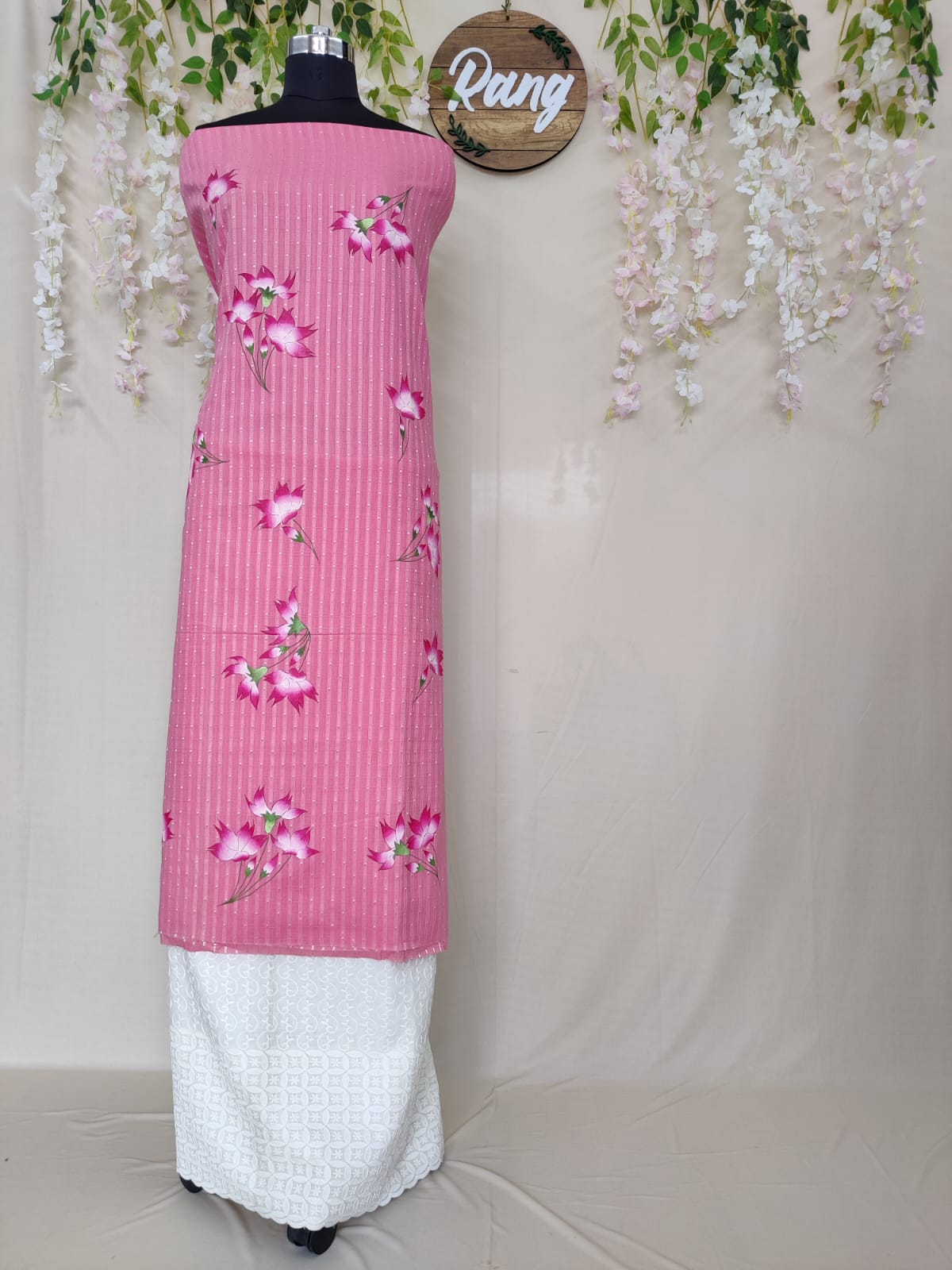 Pink Textured Cotton Handpainted Suit