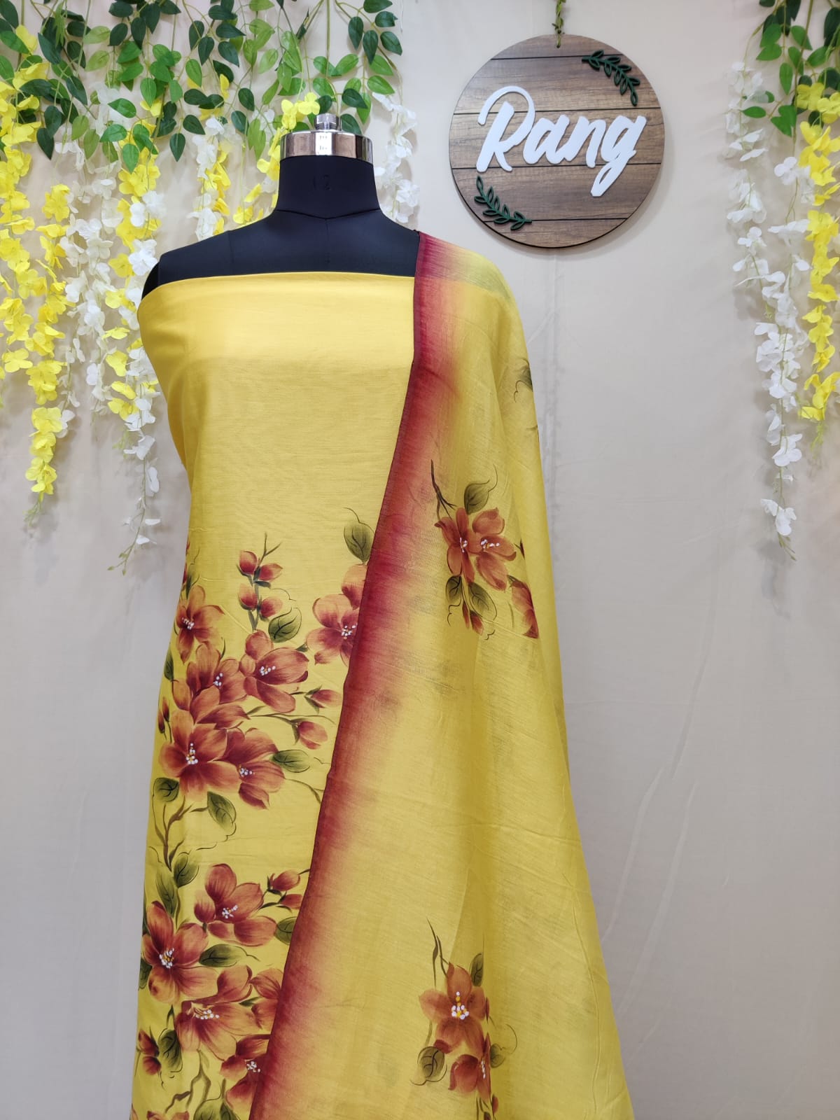 Rust-Yellow Chanderi Silk Handpainted Suit