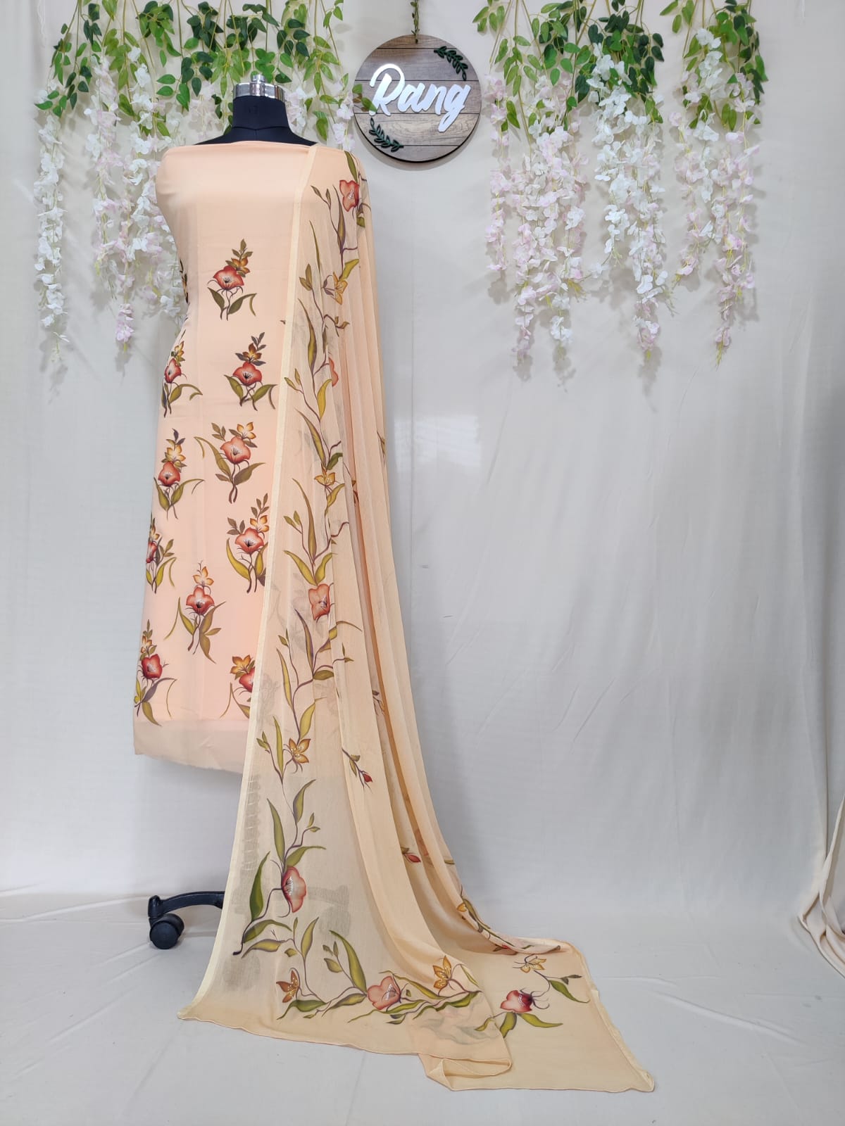 Peach Georgette Handpainted Suit