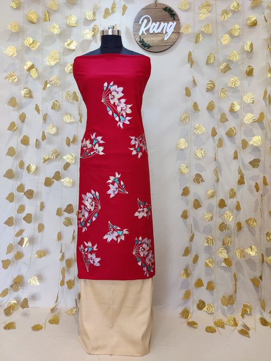 Red and Golden Self-Textured Cotton Handpainted Suit