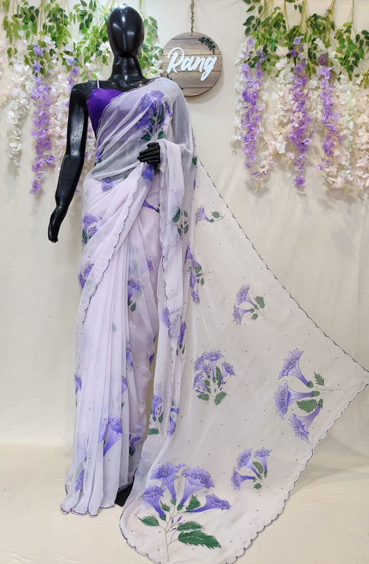 Hand-painted Lilac Chiffon Saree